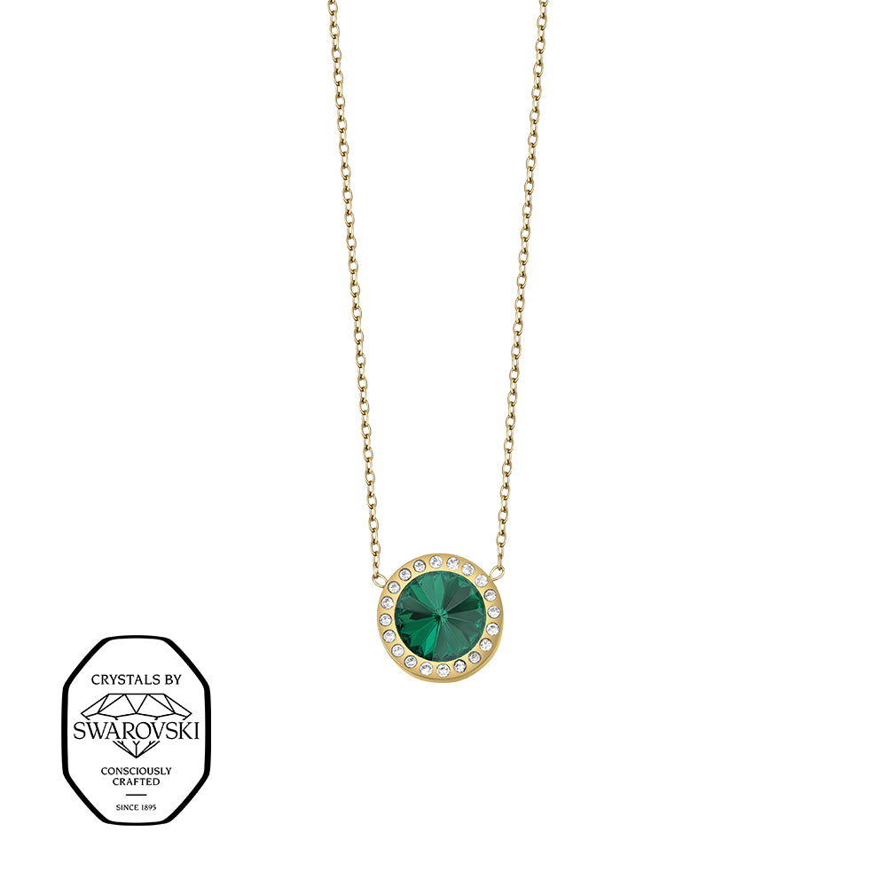 Vergoldete Damen-Halskette mit grünem rundem Anhänger und Kristallen, eleganter Modeschmuck mit Kristallen von Swarovski®