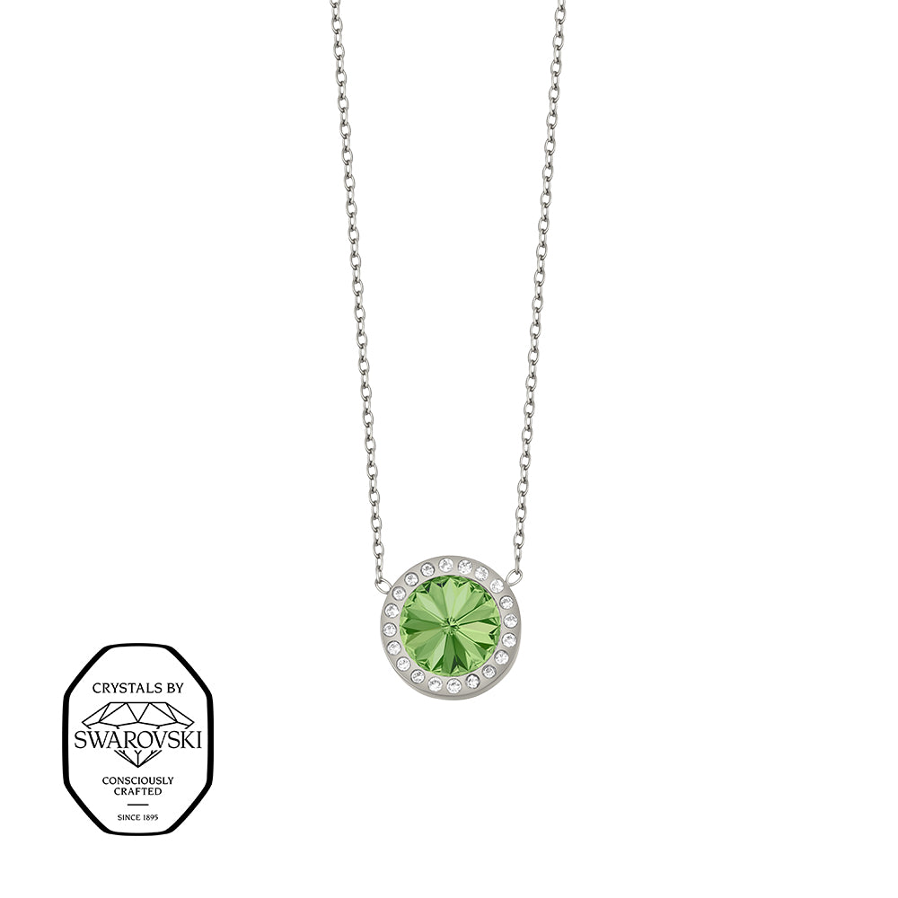 Silberfarbene Damen-Halskette mit rundem hellgrünen Anhänger und Kristallen, eleganter Modeschmuck mit Kristallen von Swarovski®