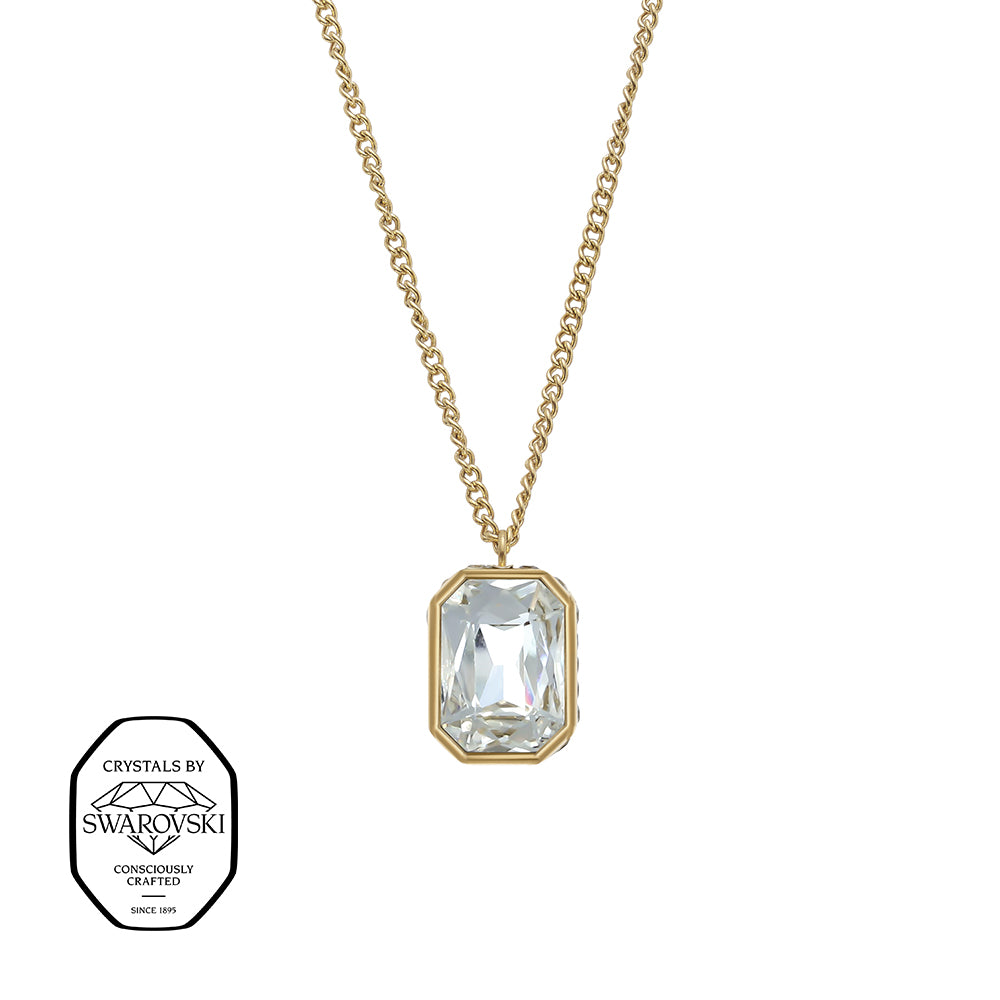 Vergoldete Damen-Halskette mit großem rechteckigem Kristall im Smaragdschliff, eleganter Modeschmuck mit Kristallen von Swarovski®