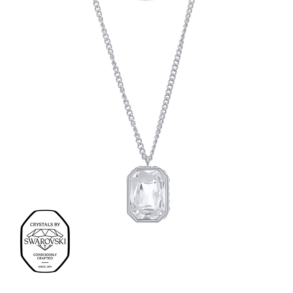Silberfarbene Damen-Halskette mit großem rechteckigem Kristall im Smaragdschliff, eleganter Modeschmuck mit Kristallen von Swarovski®
