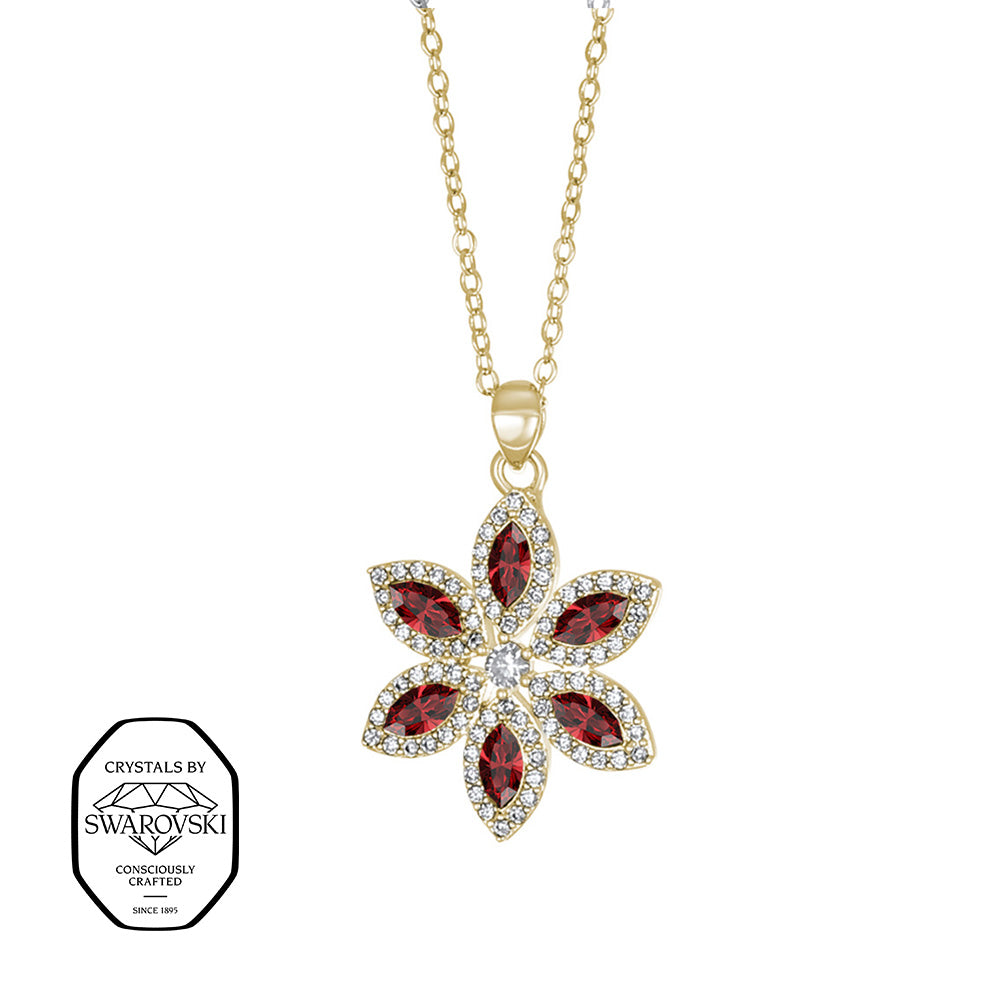 Crystalp Esprit de Noir Pendant aus Edelstahl in Gold, floraler Anhänger mit roten Swarovski® Kristallen verziert