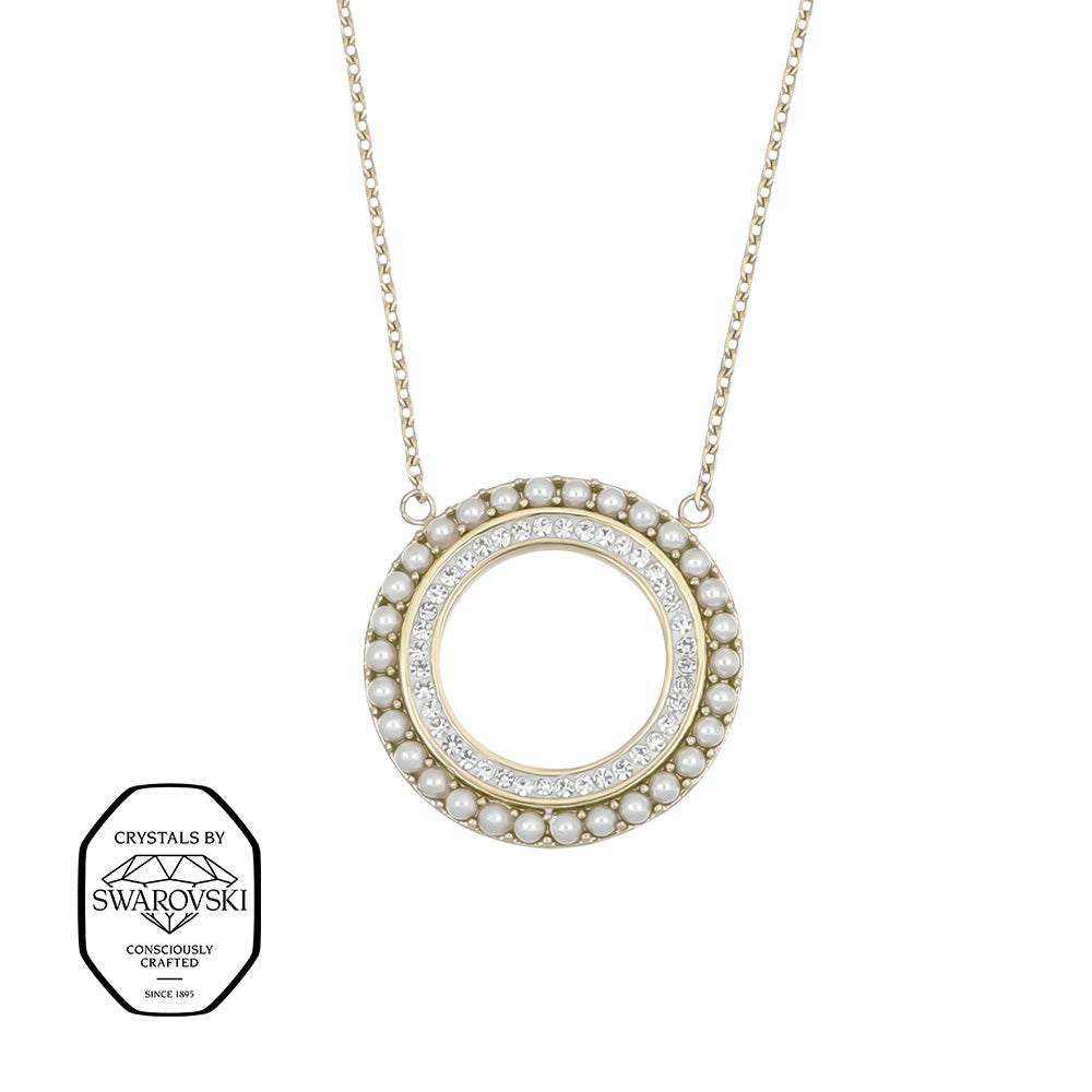 Rundes Overture Simple Pendant in Goldoptik, Kreisdesign mit Perlenrand, mit Swarovski® Kristallen verziert.