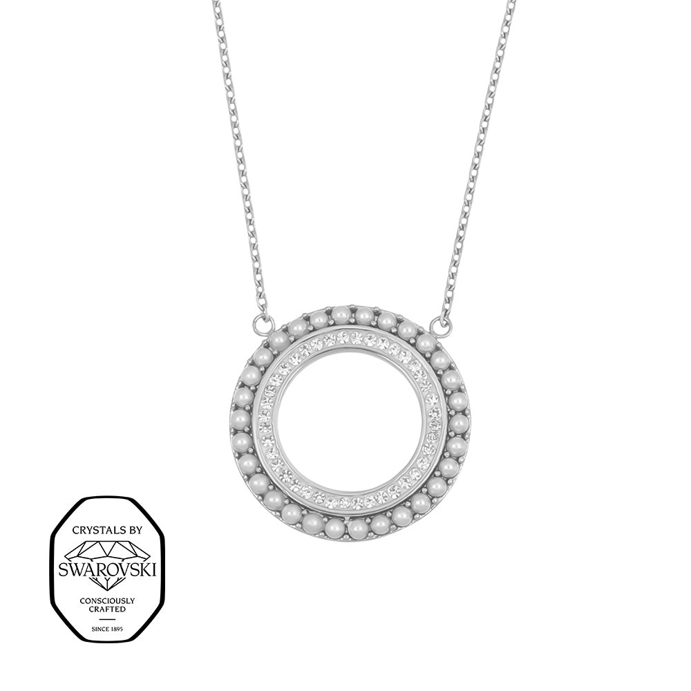 Rundes Overture Simple Pendant aus Edelstahl, kreisförmig mit Perlenrand, mit Swarovski® Kristallen verziert.