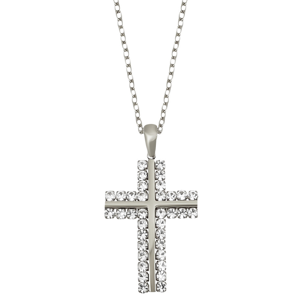 Silbernes Kreuzanhänger-Design, aus Edelstahl gefertigt und mit Swarovski® Kristallen verziert.
