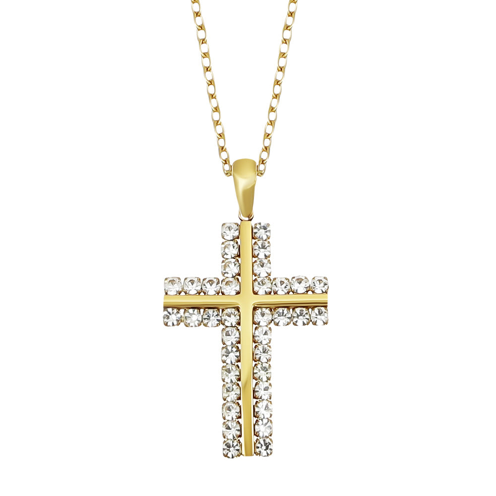 Goldfarbenes Kreuzanhänger-Design, aus Edelstahl gefertigt und mit Swarovski® Kristallen verziert.