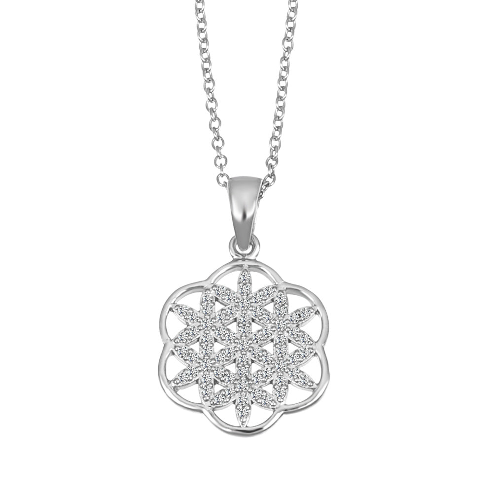 Silberfarbener Anhänger mit Blütenmuster, gefertigt aus Edelstahl und mit Swarovski® Kristallen verziert.