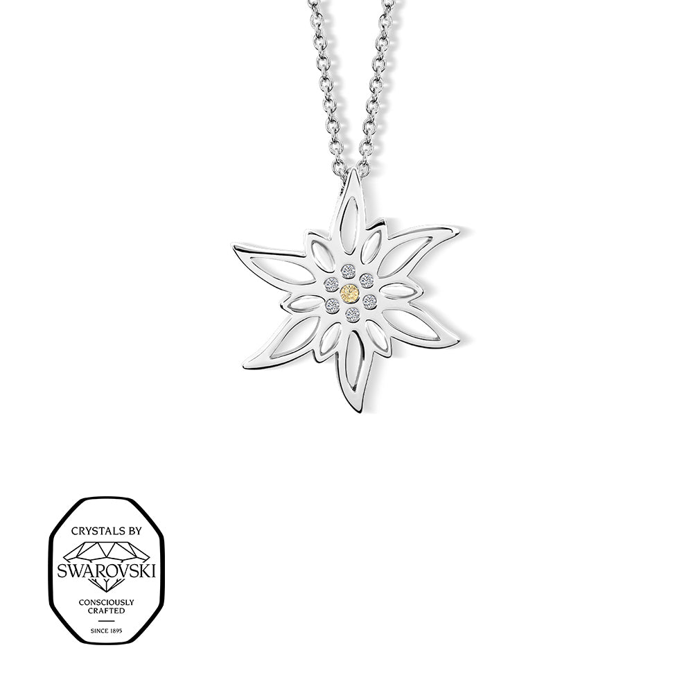 Silberne Halskette mit Edelweiß-Anhänger, verziert mit funkelnden Swarovski® Kristallen in der Mitte