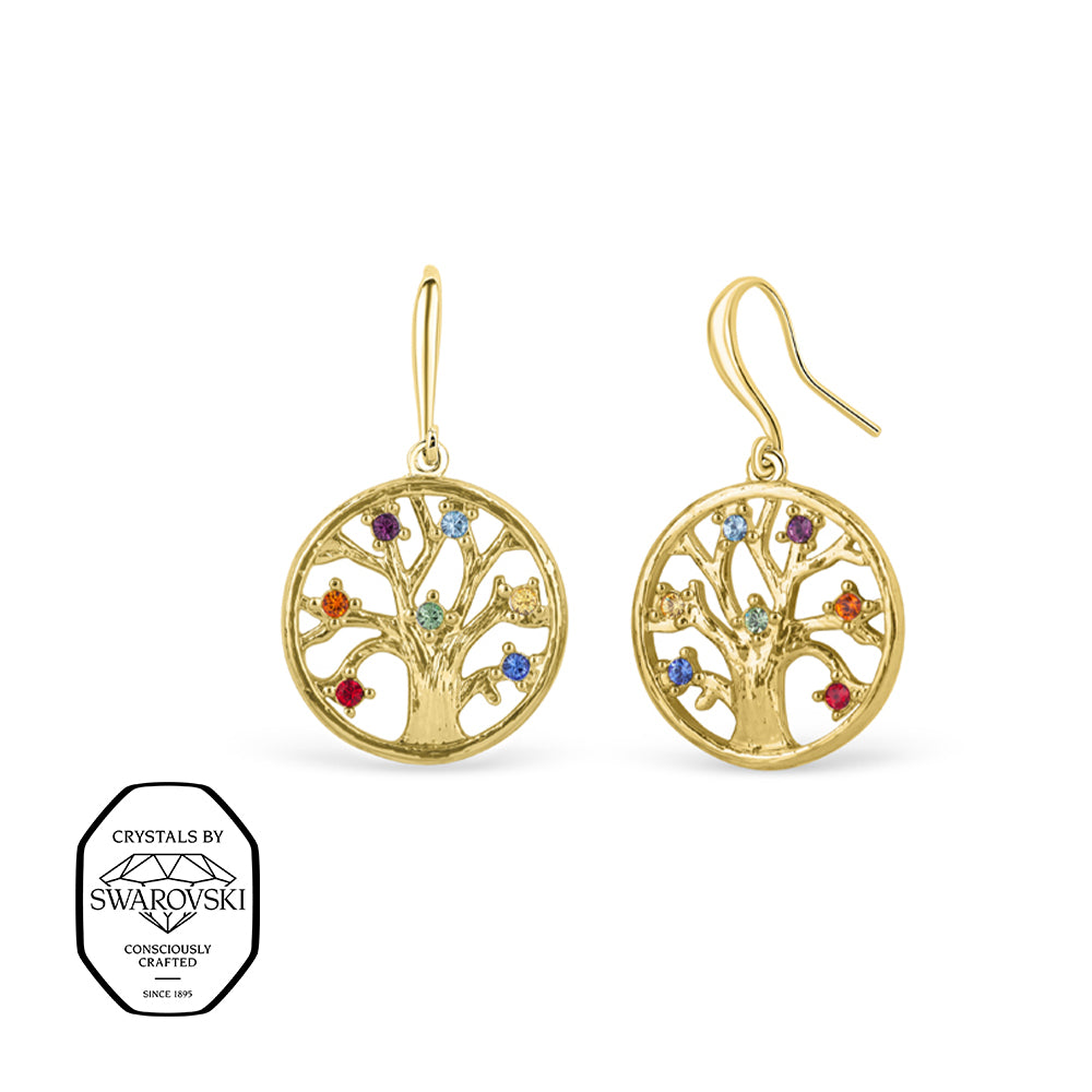 Goldene Lebensbaum Ohrringe mit bunten Swarovski® Kristallen im runden Design