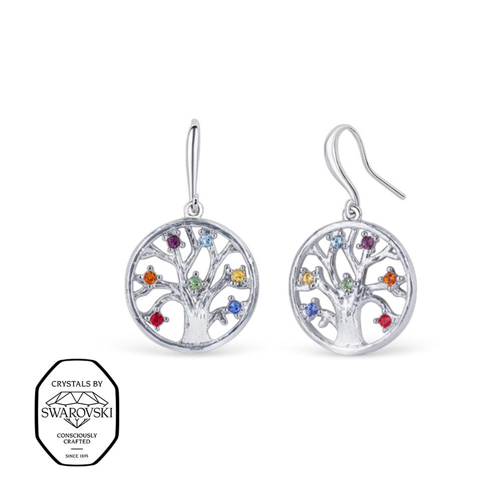 Silberne Lebensbaum Ohrringe mit Swarovski® Kristallen in Regenbogenfarben