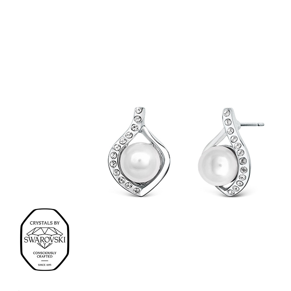 Tropfenförmige Ohrstecker mit Swarovski® Kristallen und weißer Perle