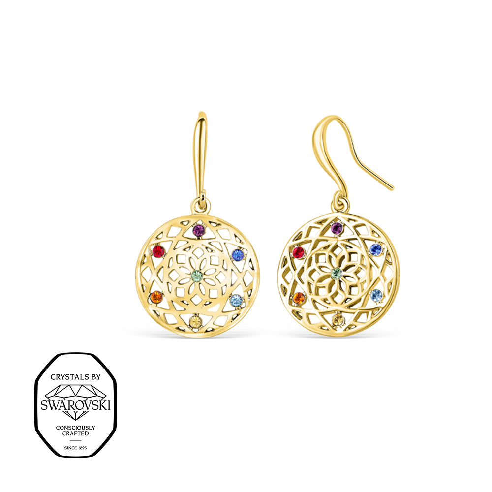 Vergoldete Mandala-Ohrhänger mit bunten Swarovski® Kristallen