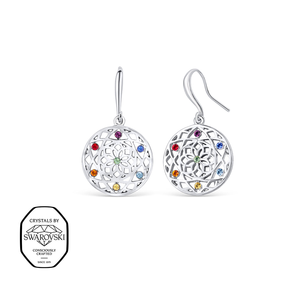 Silberne Mandala-Ohrhänger mit bunten Swarovski® Kristallen