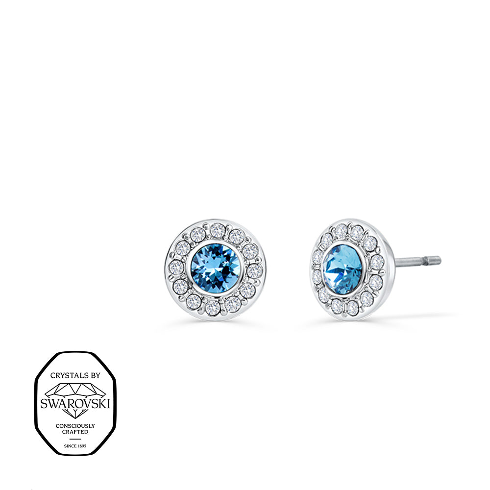 Ohrstecker Silber mit rundem Aquamarin Swarovski® Kristall und Zirkonia-Rahmen