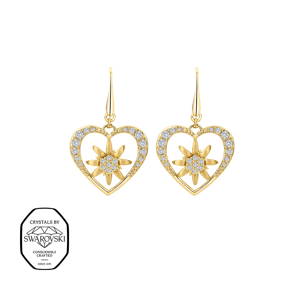 Vergoldete Herz-Ohrhänger mit Edelweiß und Swarovski® Kristallen.