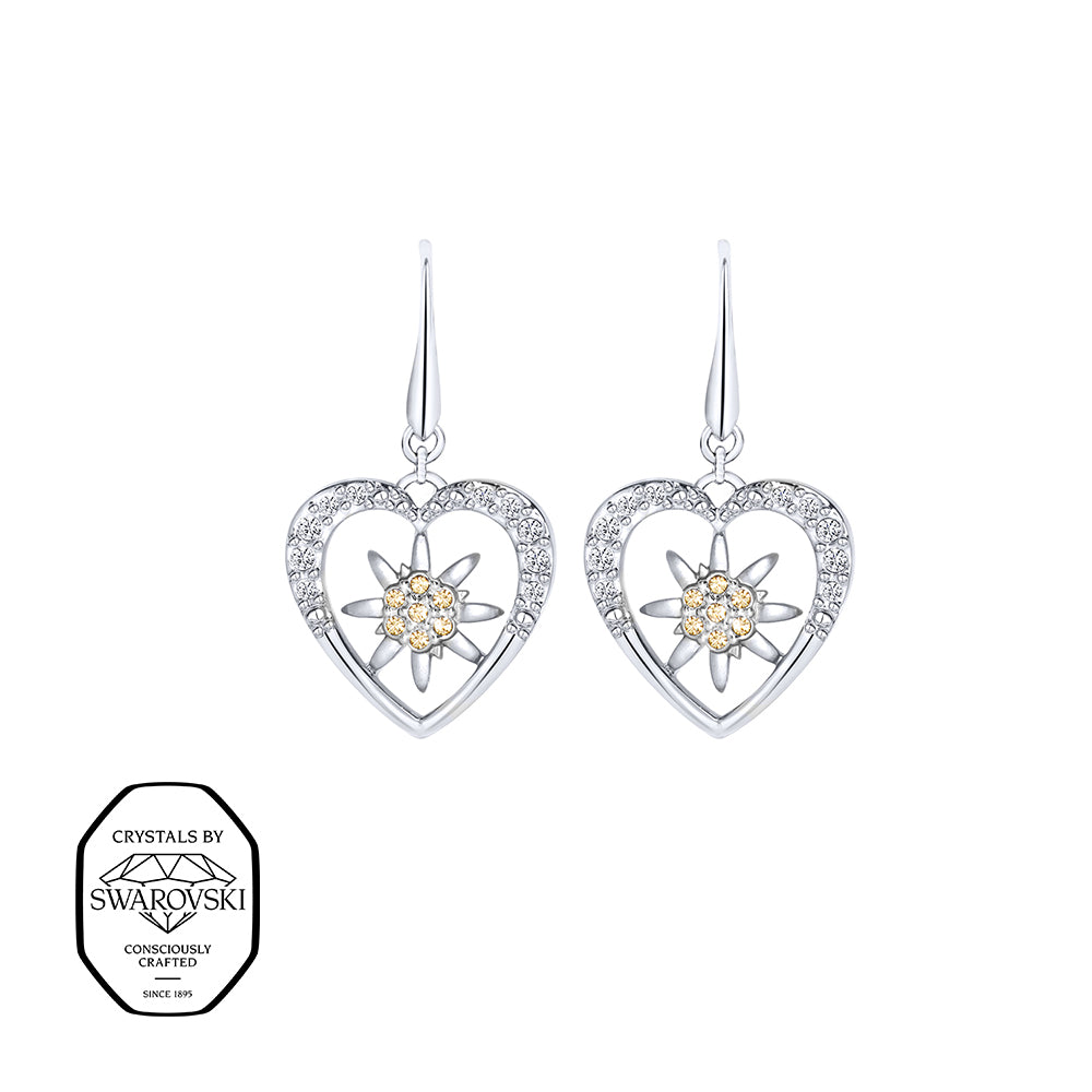 Silberne Herz-Ohrhänger mit Edelweiß und Swarovski® Kristallen.“