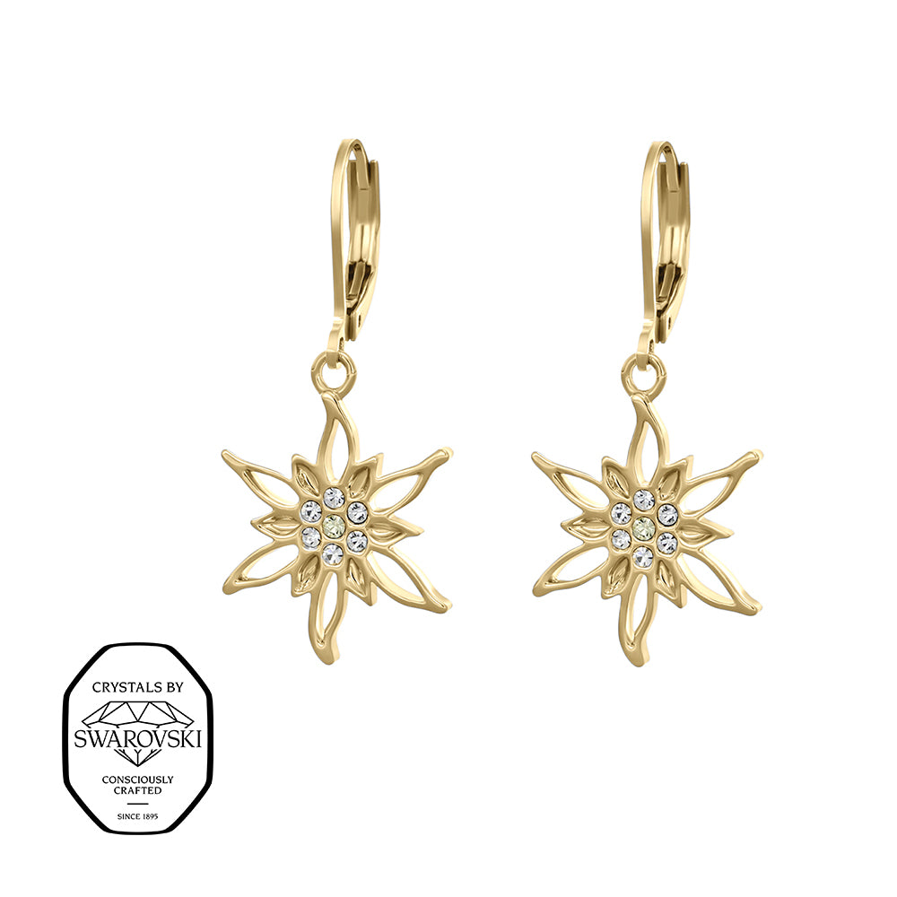 Goldfarbene Edelweiß-Ohrhänger mit Swarovski® Kristallen.