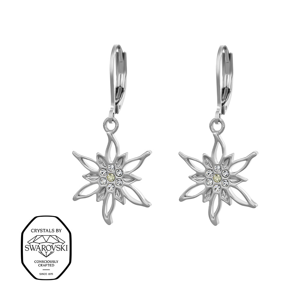 Silberfarbene Edelweiß-Ohrhänger mit Swarovski® Kristallen.