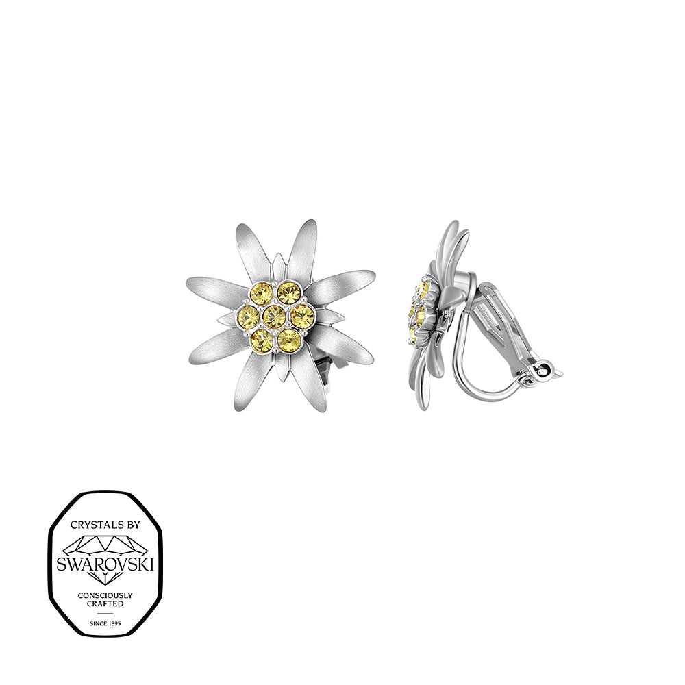 Silberfarbene Edelweiß Ohrclips mit gelben Swarovski® Kristallen