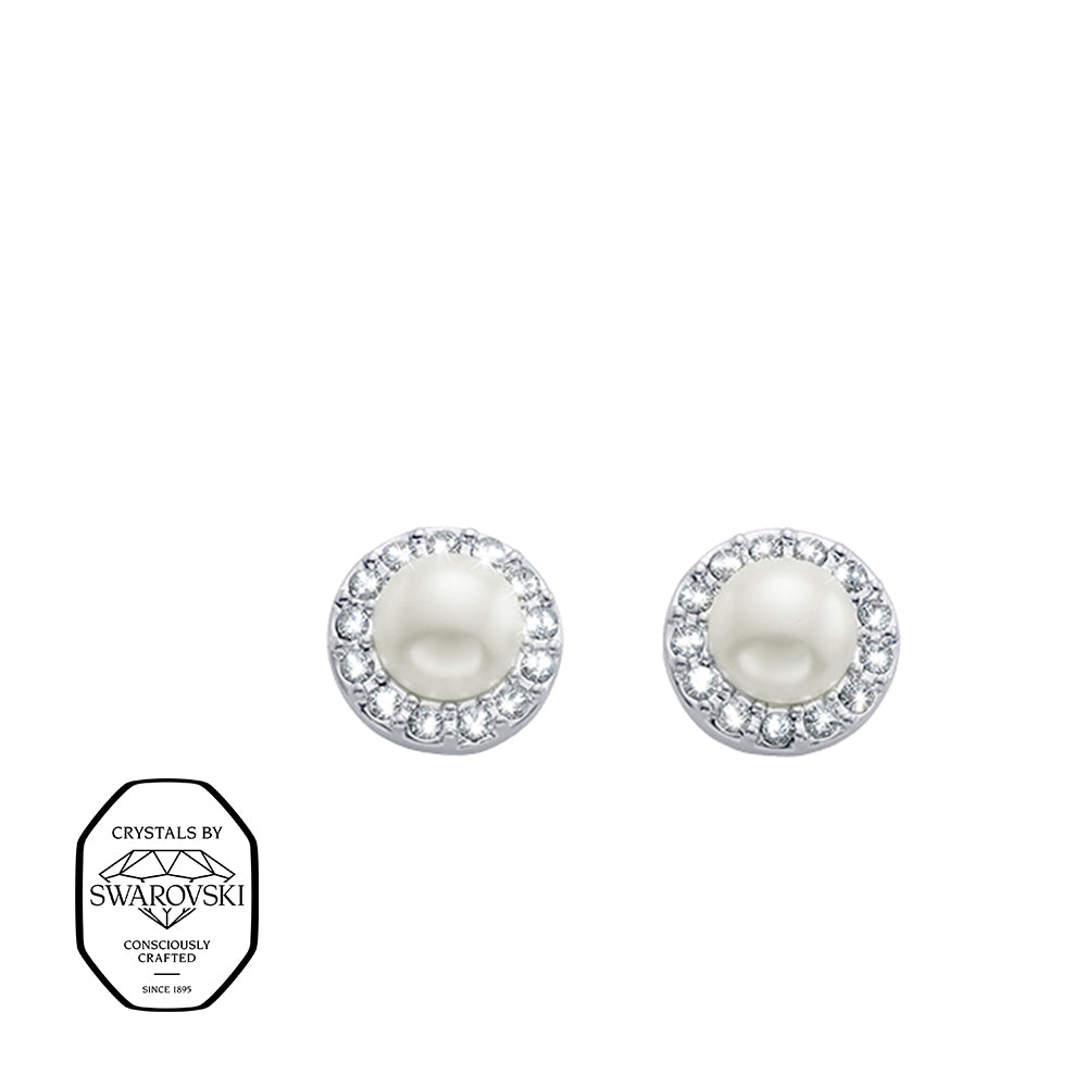 Elegante Ohrstecker mit weißen Perlen, umrahmt von funkelnden Kristallen von Swarovski®, edles silberfarbenes Design