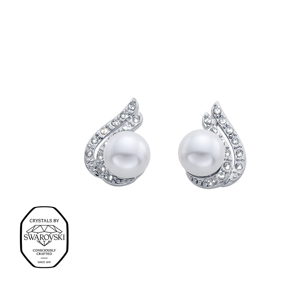 Elegante Ohrstecker mit weißen Perlen und funkelnden Kristallen von Swarovski®, silberfarbenes Design