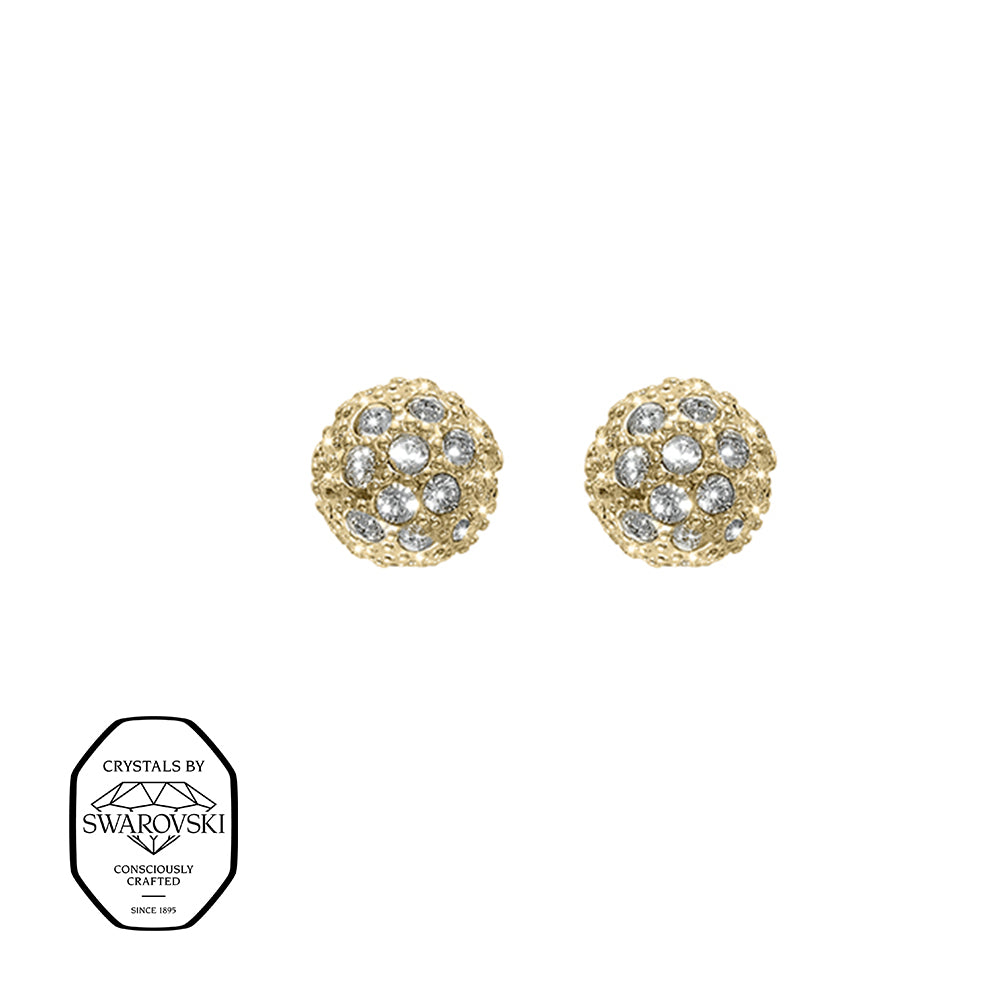 Goldfarbene Ohrstecker in runder Kugelform, verziert mit zahlreichen funkelnden Swarovski® Kristallen, eleganter und zeitloser Damenschmuck mit luxuriösem Glanz.