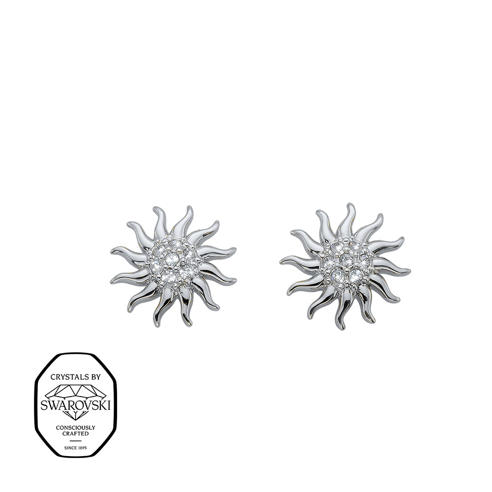 Rhodinierte Ohrstecker in Sonnenform mit Swarovski® Kristallen, eleganter Damenschmuck.