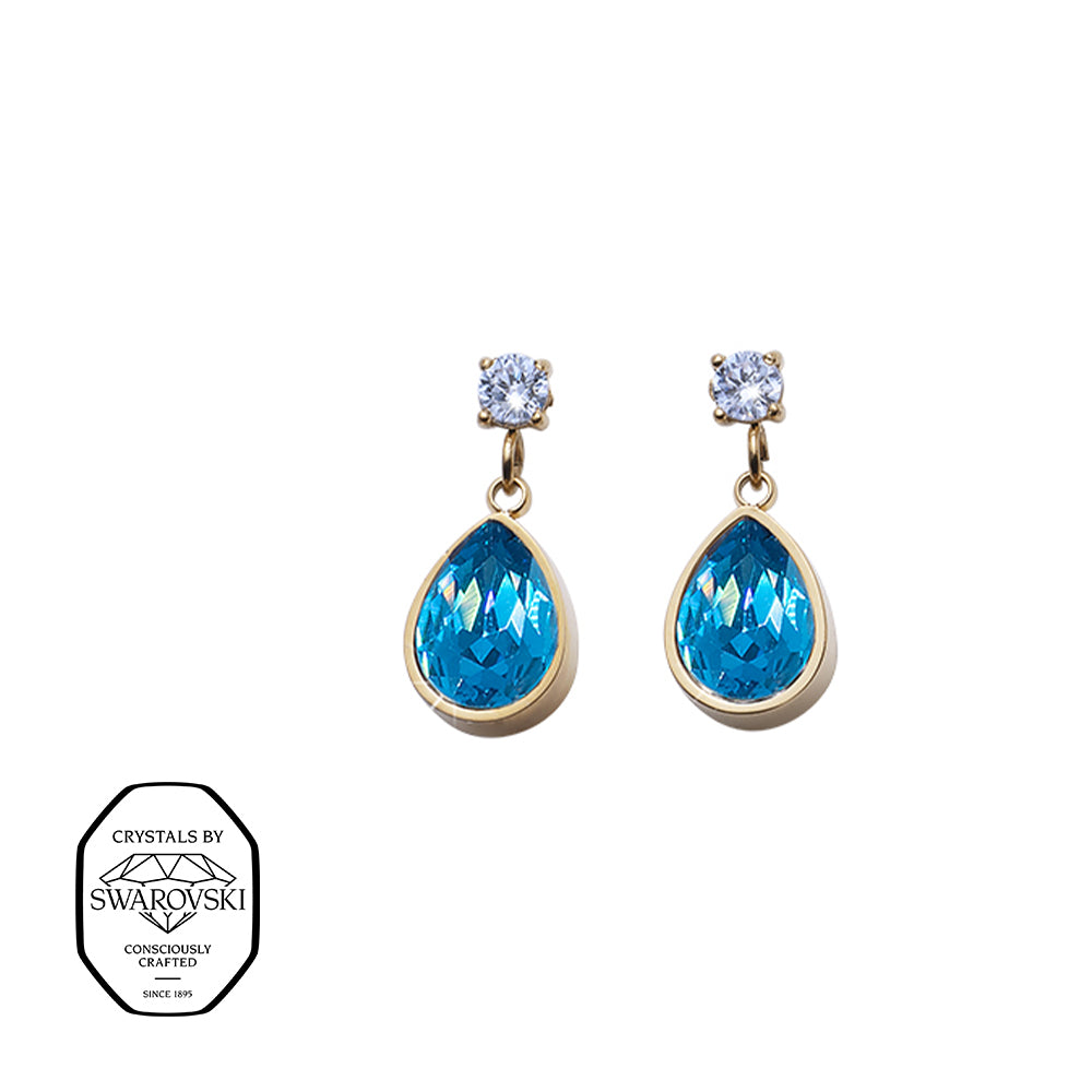 Goldfarbene Ohrstecker mit funkelnden blauen Tropfen-Swarovski® Kristallen und klaren Steinen