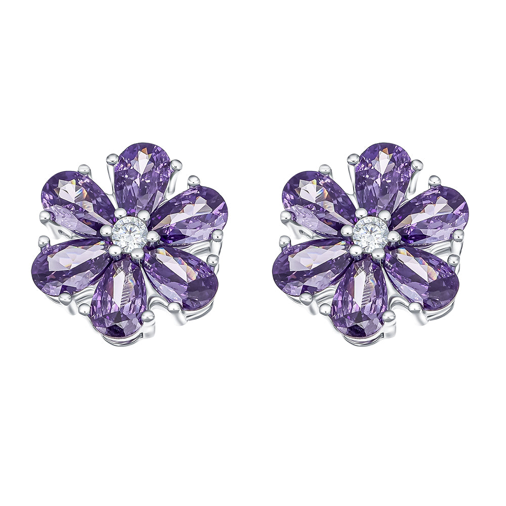 Ohrstecker silberfarben in Blütenform mit violetten Kristallen – eleganter, funkelnder Modeschmuck
