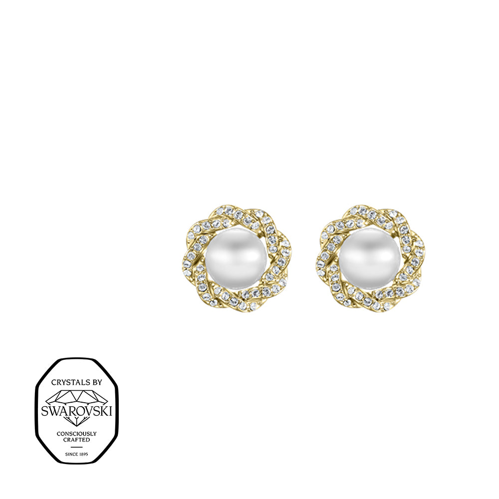 Elegante Ohrstecker mit Swarovski® Kristallen glänzende Perlenfassung, umrahmt von funkelndem Kristallring in goldfarbener Fassung