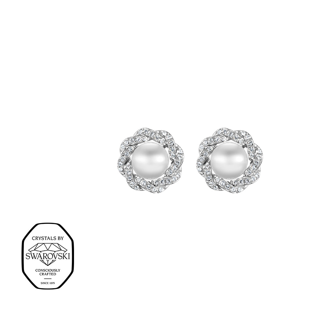 Edle Ohrstecker mit Swarovski® Kristallen glänzende Perle im Zentrum, eingefasst in funkelndem, silberfarbenem Kristallkranz