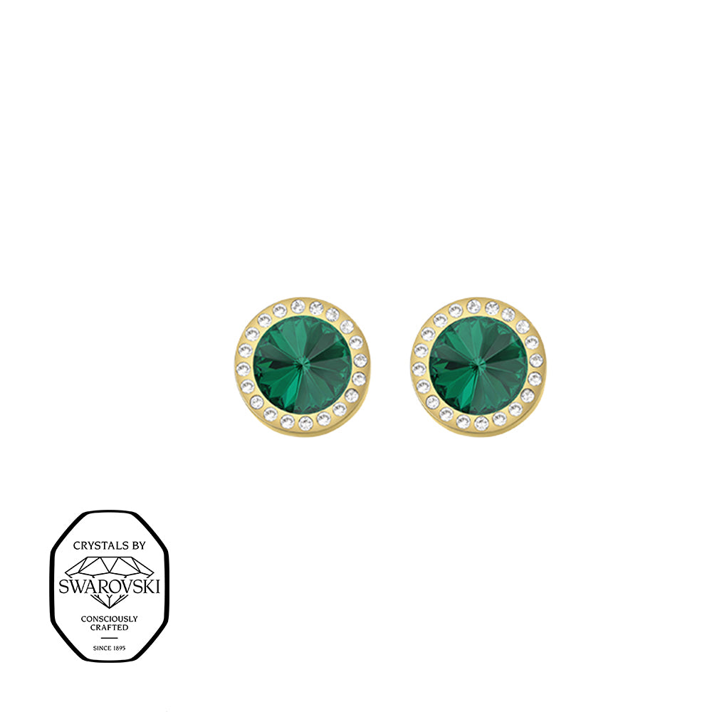Runde goldene Ohrstecker mit grünem Swarovski® und funkelndem Kristallrahmen.