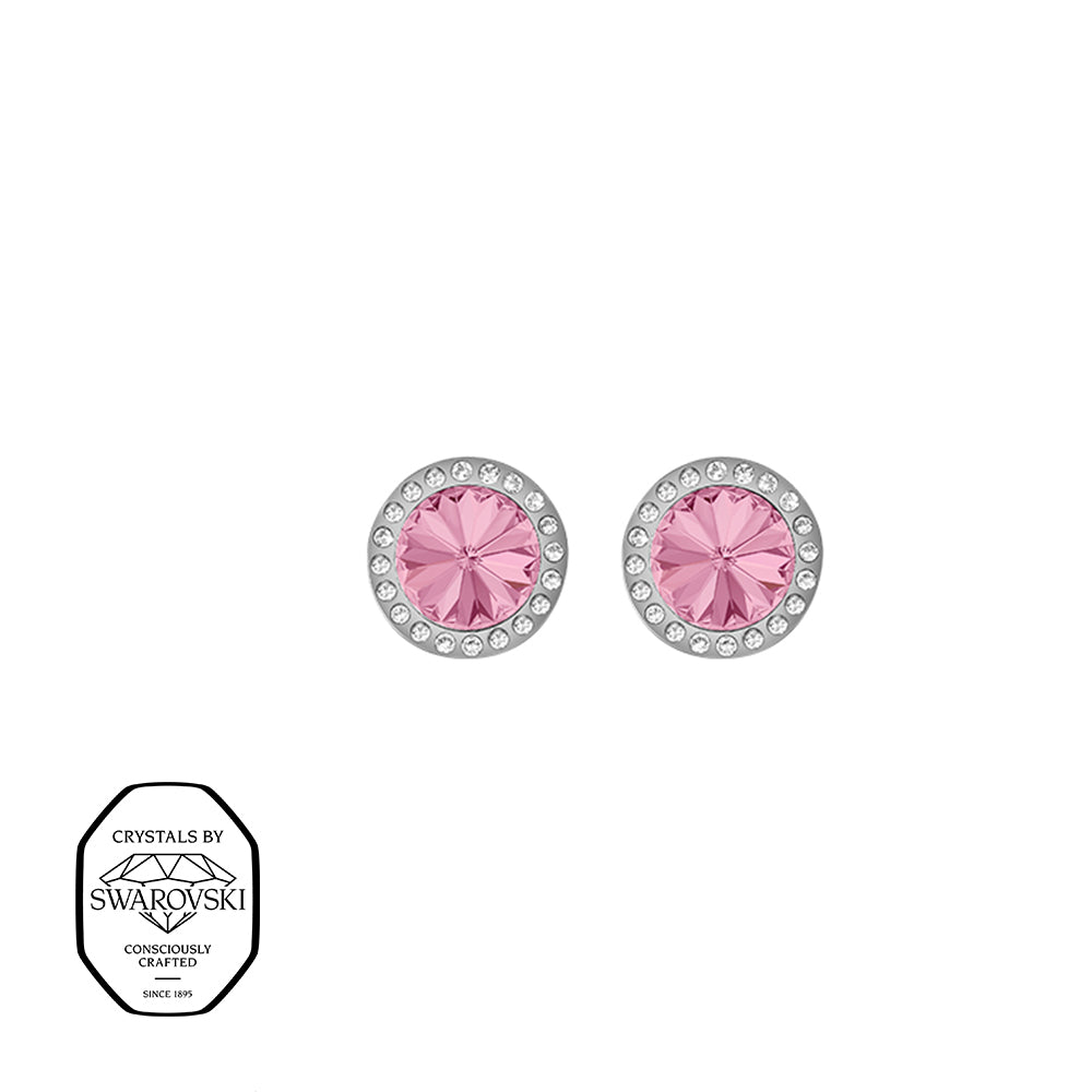 Silberne Ohrstecker mit rosa Swarovski® Kristallen und funkelndem Kristallrahmen.
