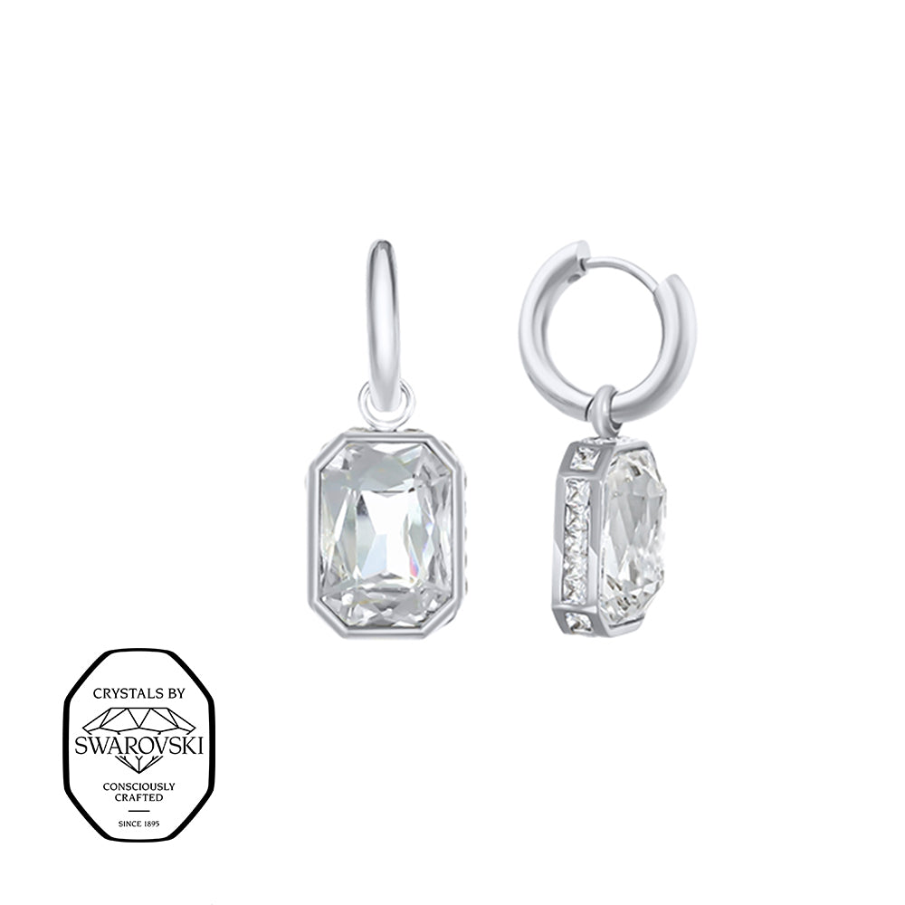 Silberfarbene Creolen mit rechteckigem Swarovski® Kristall.
