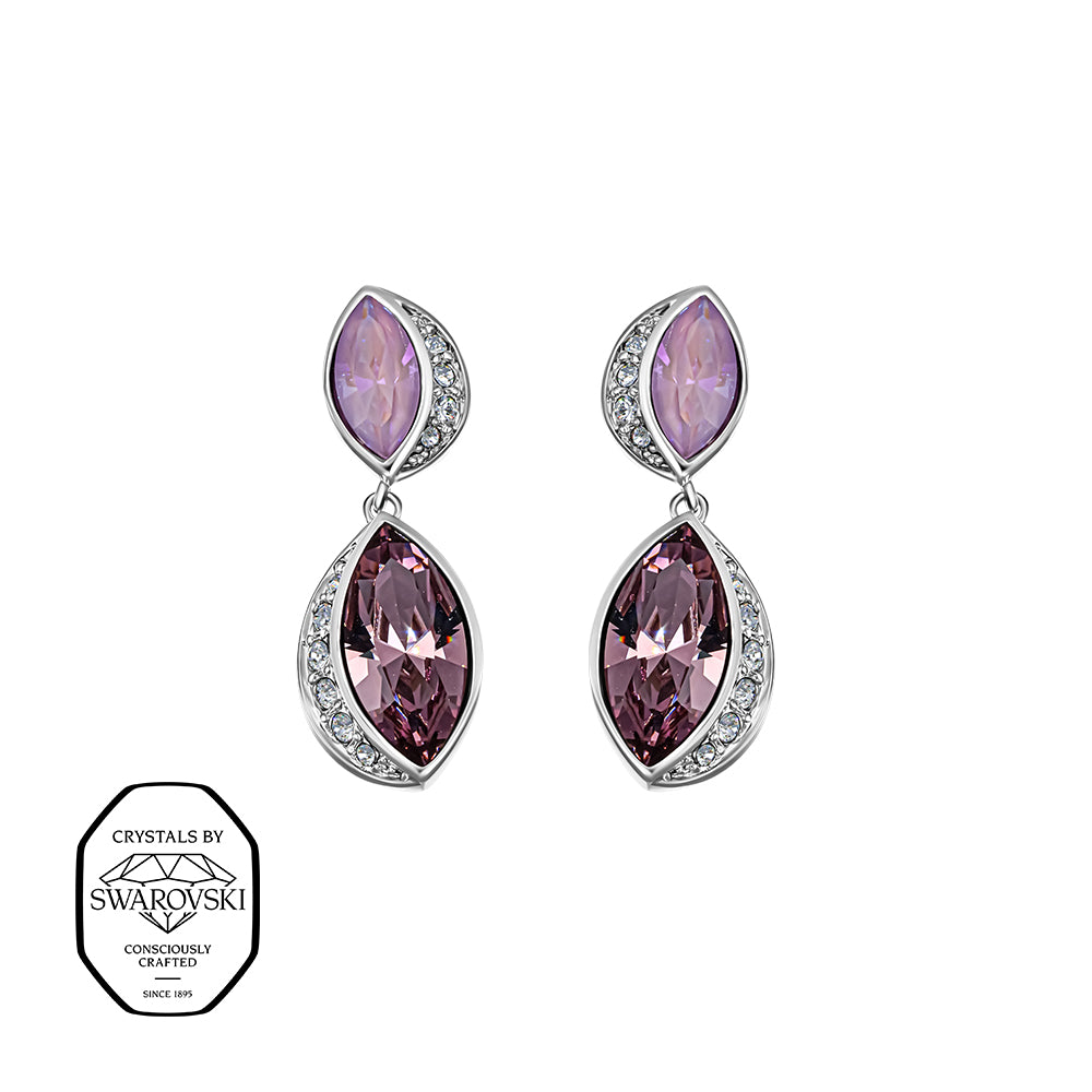 Silberne Hängerohrringe mit kleinen violetten und größeren lila marquiseförmigen Kristallen, eingerahmt von klaren Kristallen – elegantes Crystalp-Design