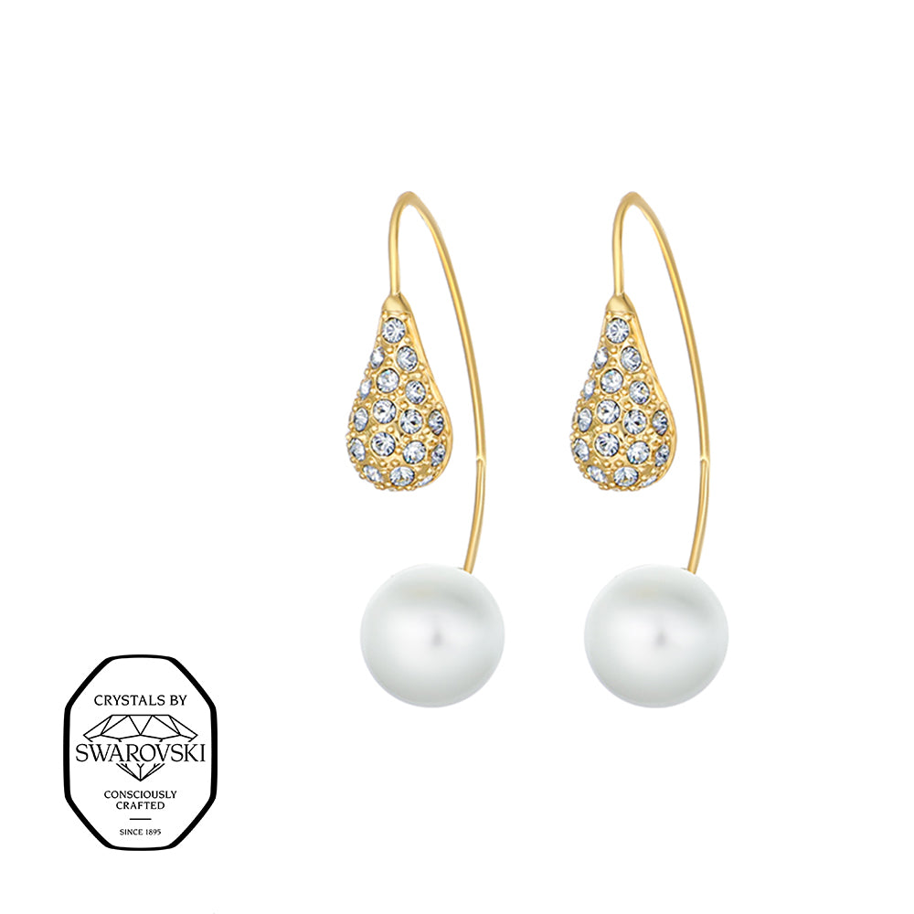 Elegante goldfarbene Ohrhänger mit weißen Perlen und funkelnden Swarovski® Kristallen im Tropfendesign.