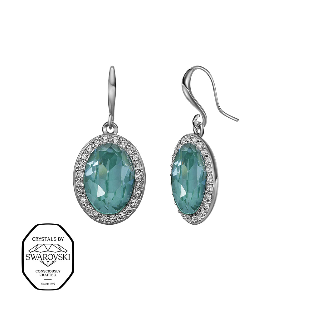 Silberfarbene Ohrringe mit ovalem Mittelstein, umrahmt und mit Swarovski® Kristallen verziert.