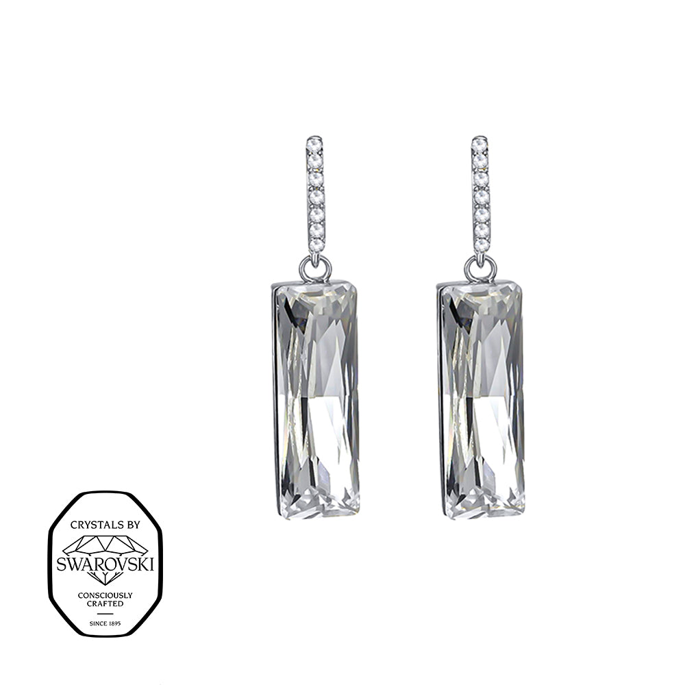 Elegante rhodinierte Ohrhänger mit Swarovski® Kristallen – längliche rechteckige Form in Kristallklar.