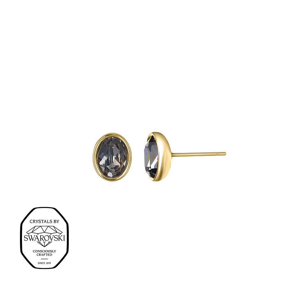 Goldene Ohrstecker mit ovalen, grauen Steinen, mit Swarovski® Kristallen verziert.