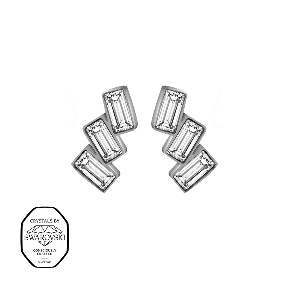 Silberne Ohrstecker mit fünf rechteckigen Steinen im Bogen, mit Swarovski® Kristallen verziert.