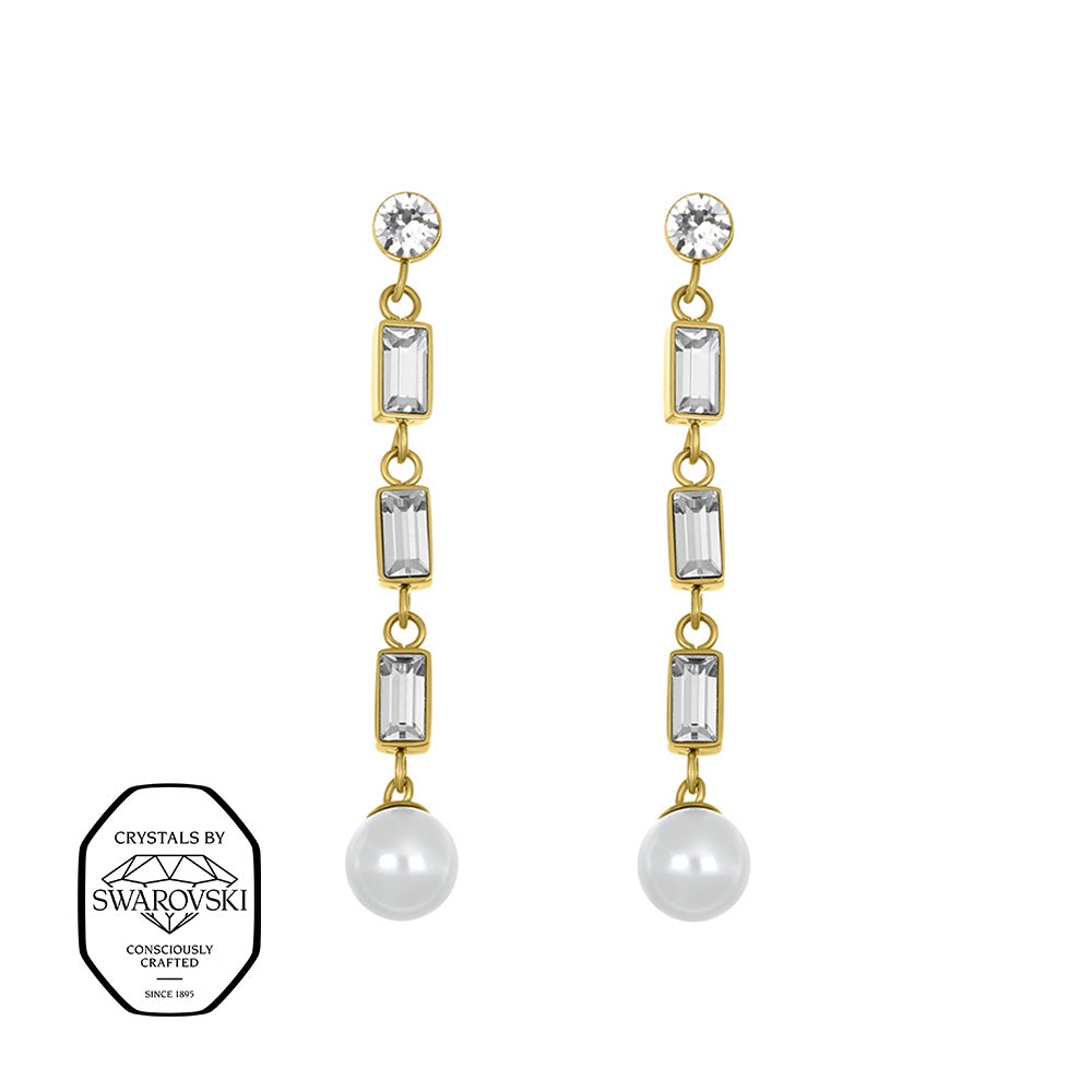 Lange Ohrhänger mit goldfarbenen Elementen, rechteckigen Steinen und Perle, mit Swarovski® Kristallen verziert.