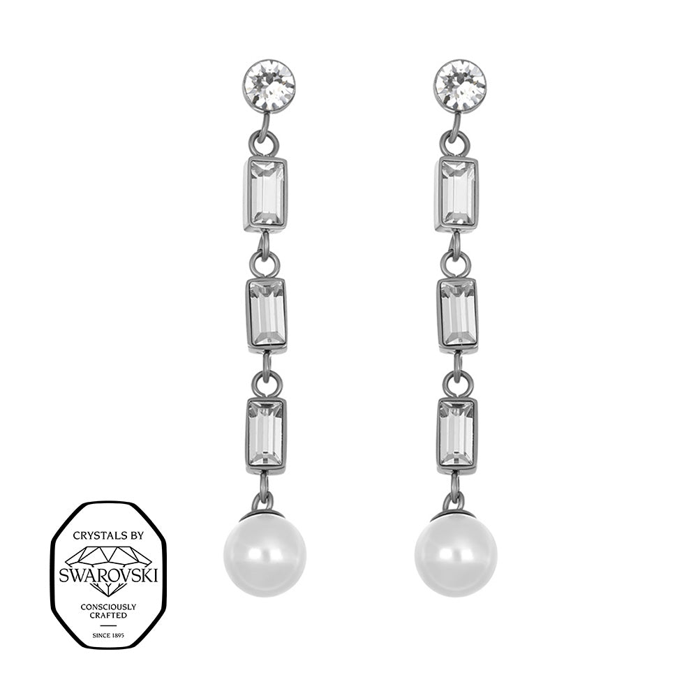 Lange Ohrhänger mit rechteckigen Steinen und Perle am Ende, mit Swarovski® Kristallen verziert.