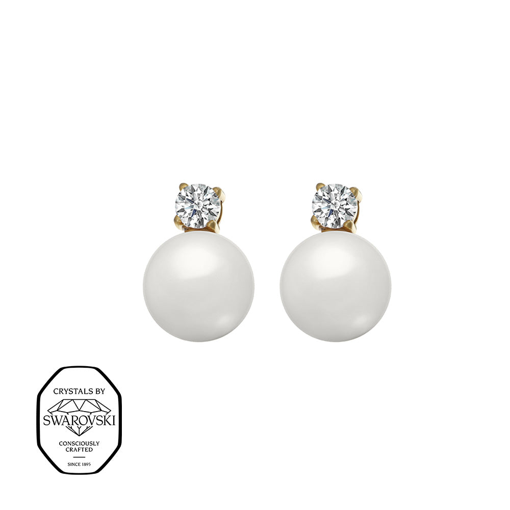 Ohrstecker mit weißer Perle und funkelndem Kristall in Goldfassung, mit Swarovski® Kristallen verziert.