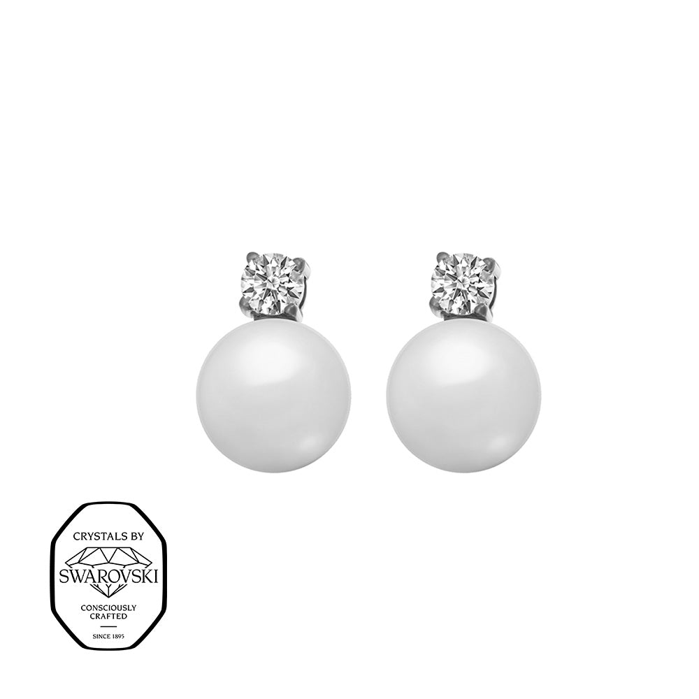 Ohrstecker mit runder weißer Perle und funkelndem Kristall, mit Swarovski® Kristallen verziert.