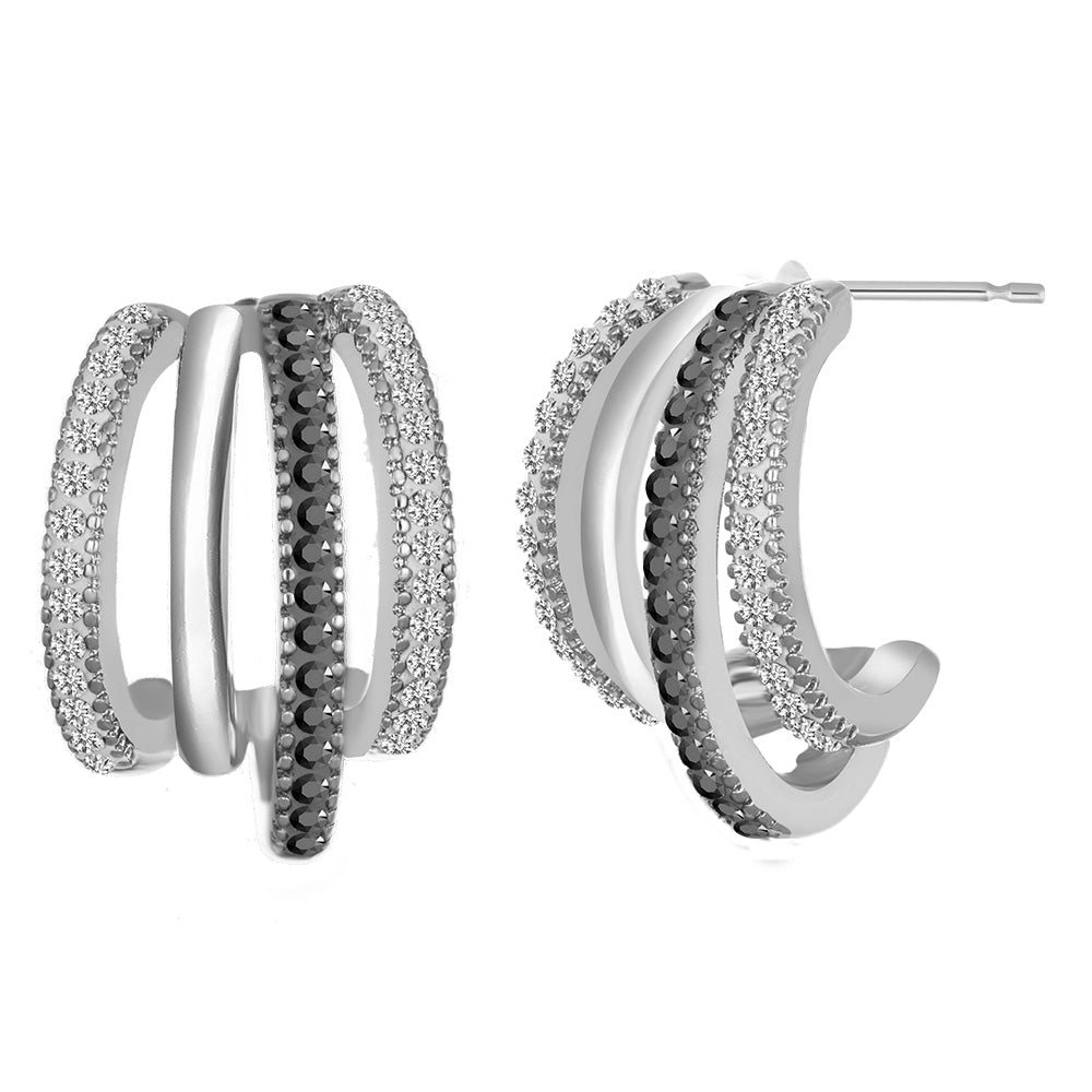 Silberfarbene Creolen mit hellen und dunklen Swarovski® Kristallen, mehrreihiges Design.