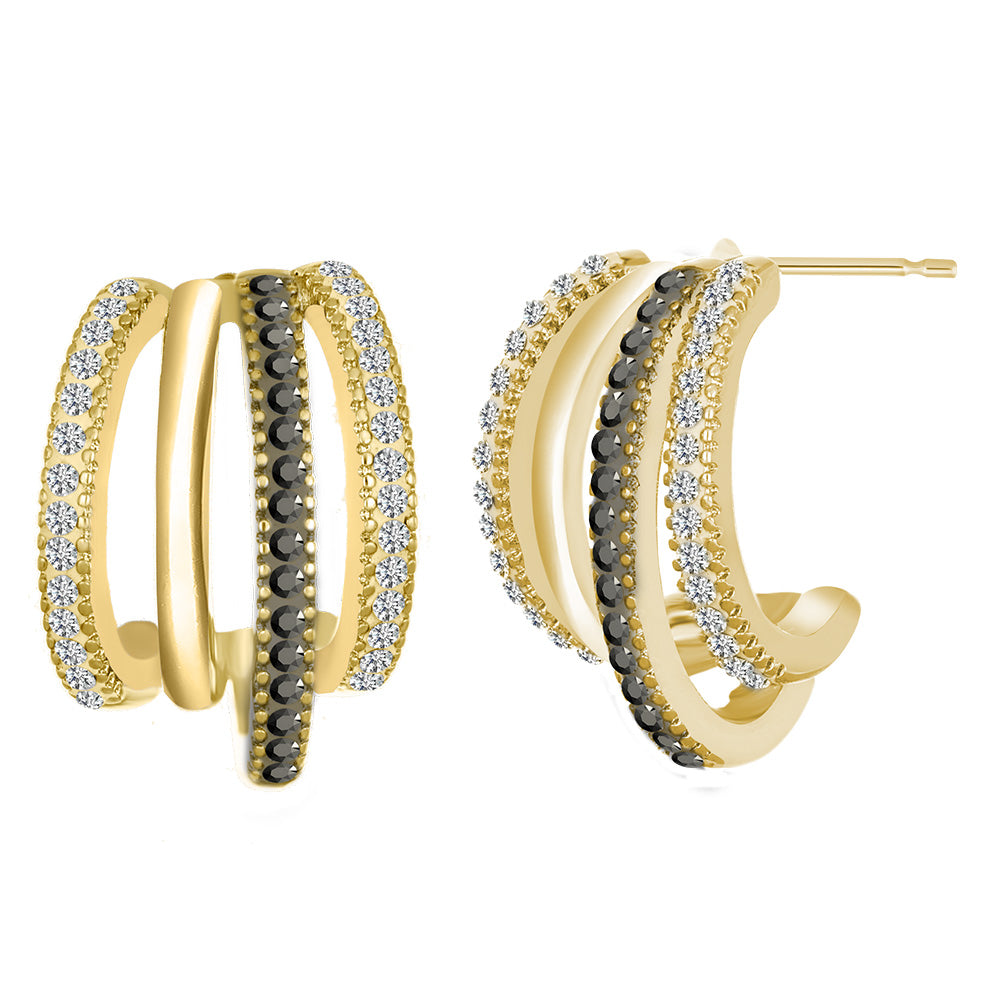 Goldfarbene Creolen mit hellen und dunklen Swarovski® Kristallen, mehrreihiges Design.