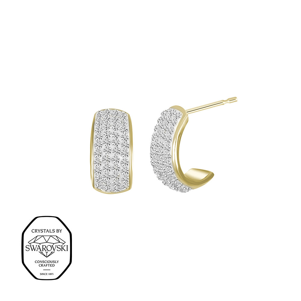 Goldene Halbcreolen, dicht mit Swarovski® Kristallen verziert.