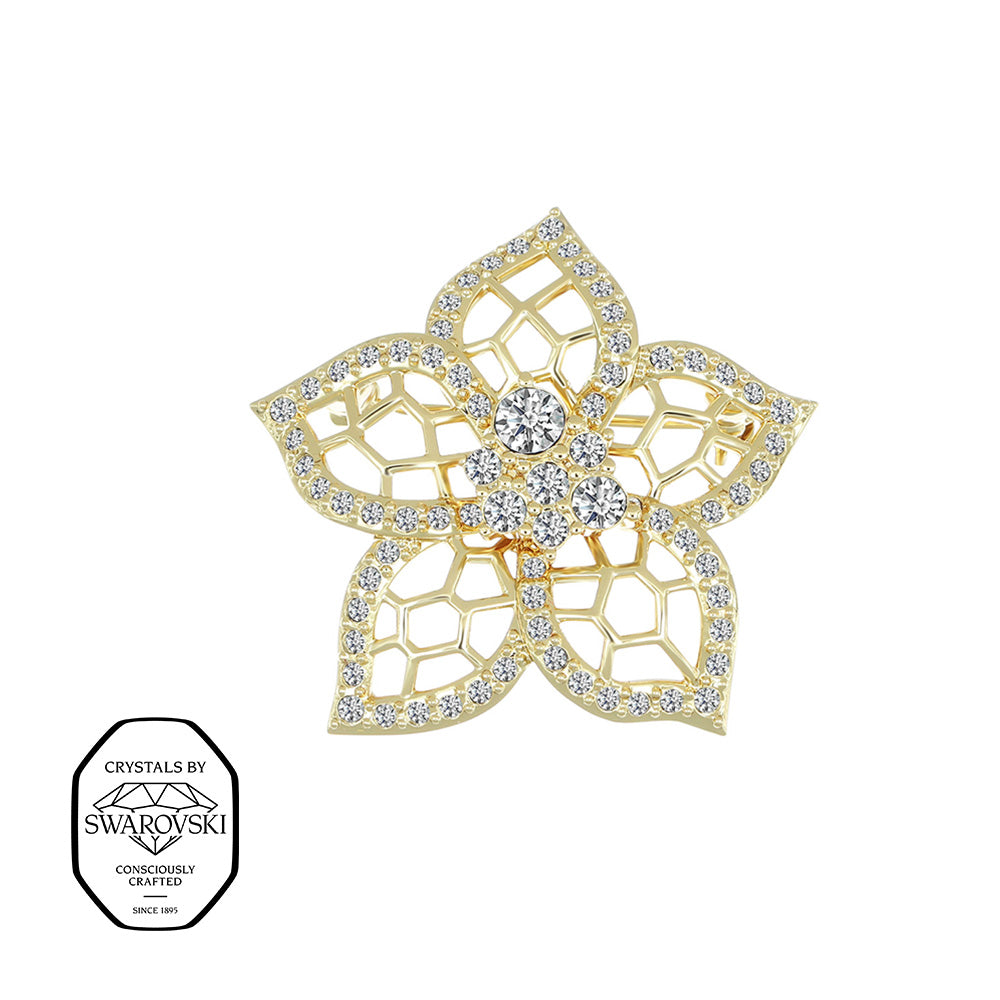 Goldene Blütenbrosche mit filigranem Muster, mit Swarovski® Kristallen verziert.