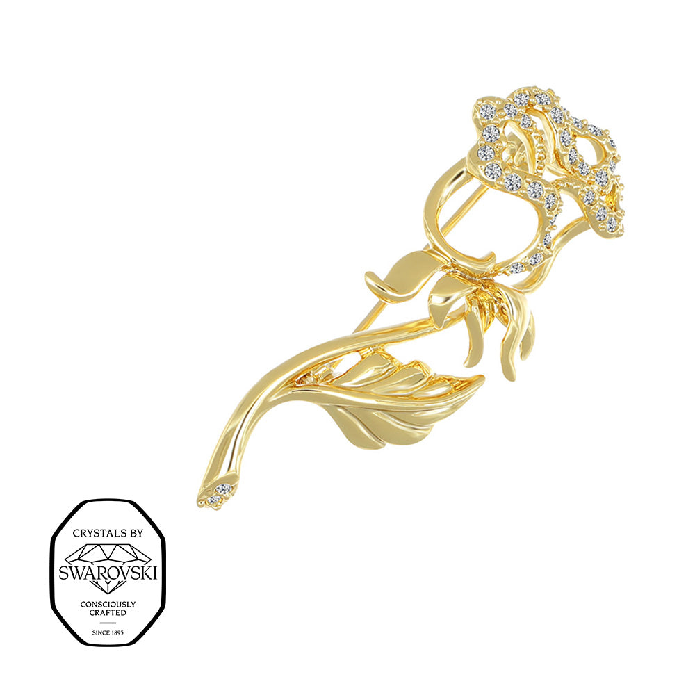 Goldene Rosenbrosche mit filigranen Blättern, mit Swarovski® Kristallen verziert.