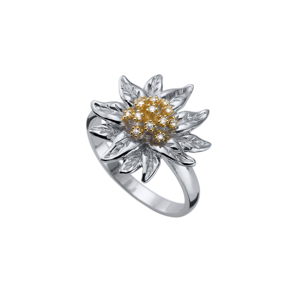 Ring Edelweiss Blumen Silber mit goldfarbenem Zentrum