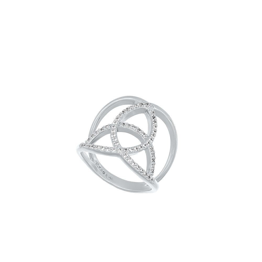Silberfarbener Damenring mit funkelndem Triquetra-Muster aus Zirkonia von Crystalp